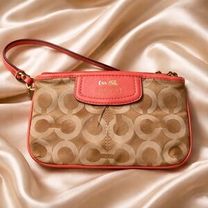 COACH Pink & Tan Small Wristlet W/Key Tag